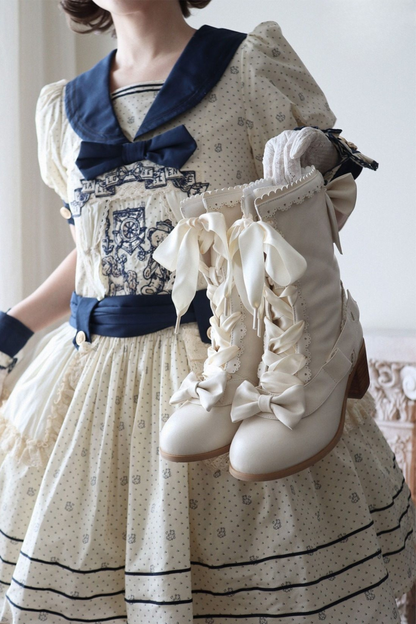 Ribbon Lace Up Mid Calf Boots