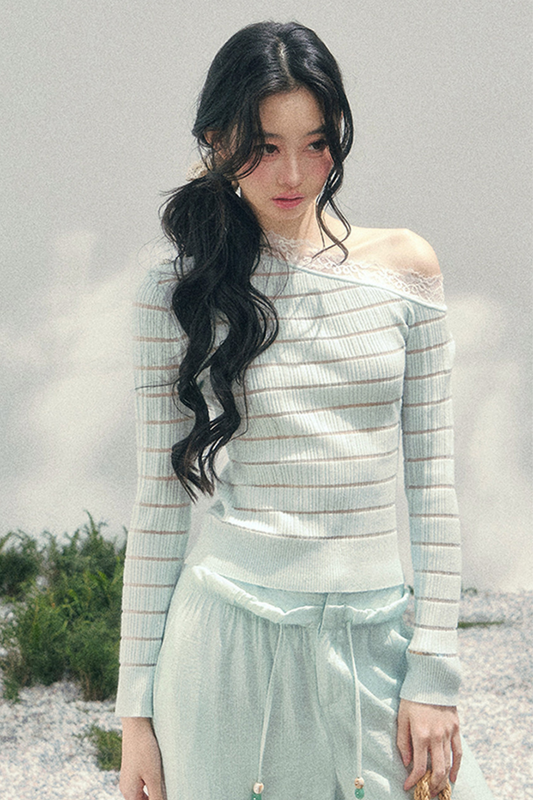 One Shoulder Glance Lace Striped Top