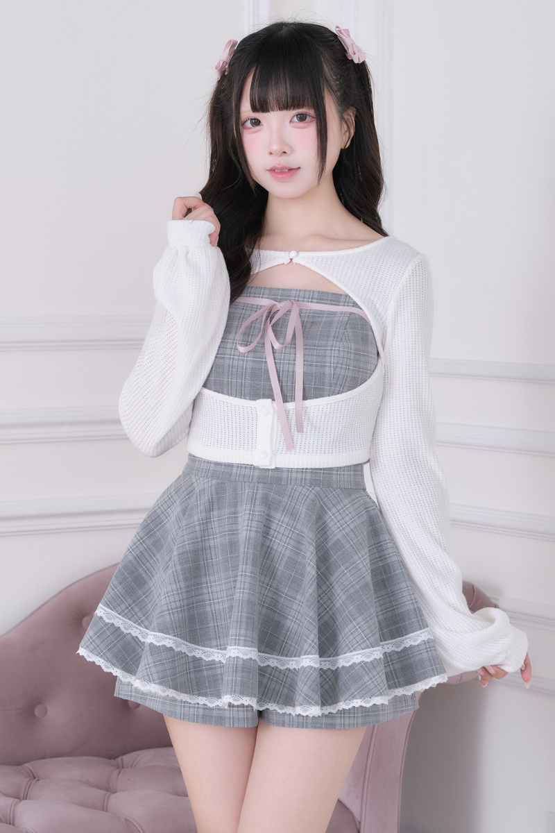 Lace Cardigan + Checkered Dress + Inner Pants