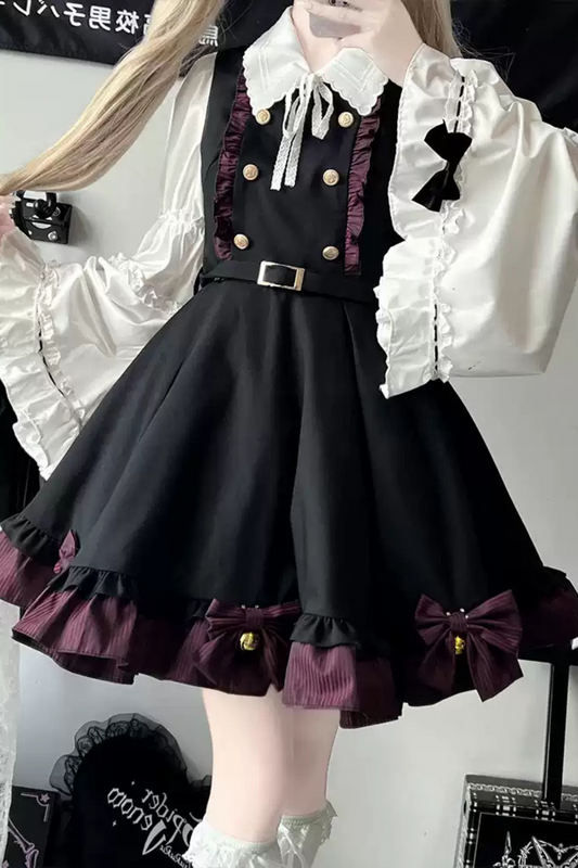 Plaid Suspender Skirt + Ribbon Ruffle Shirt
