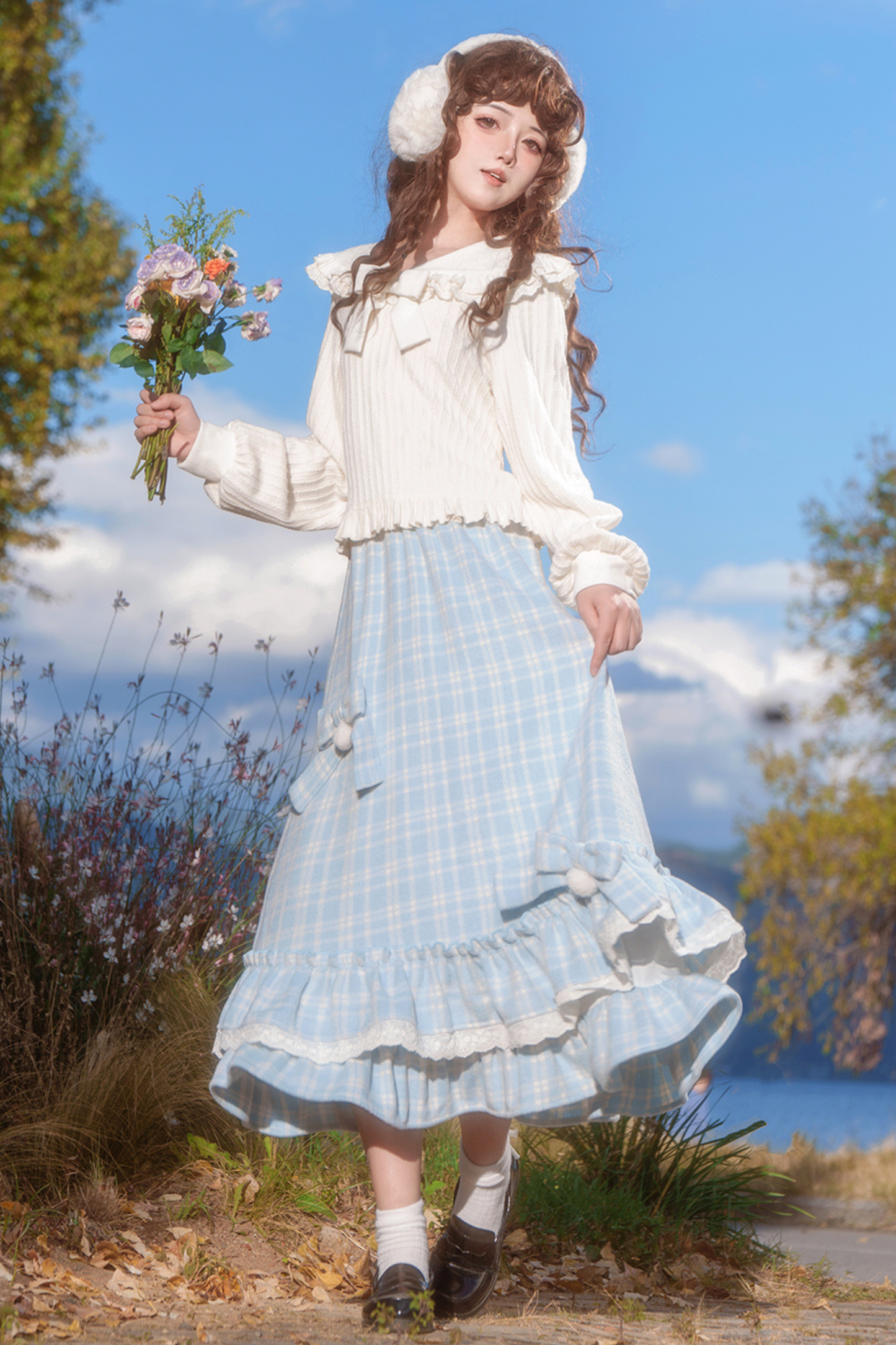Lace Doll Collar Ribbon Top + Skirt
