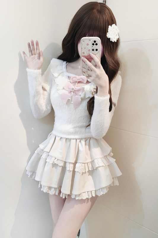Sweet Girly Ribbon Top + Tiered Skirt