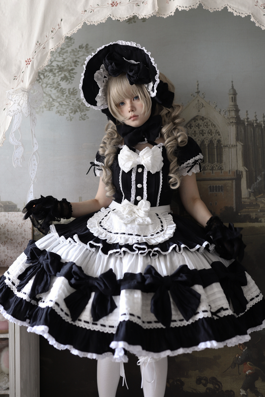 Monochrome Doll Lolita Dress + Headband + Bonnet + Clip