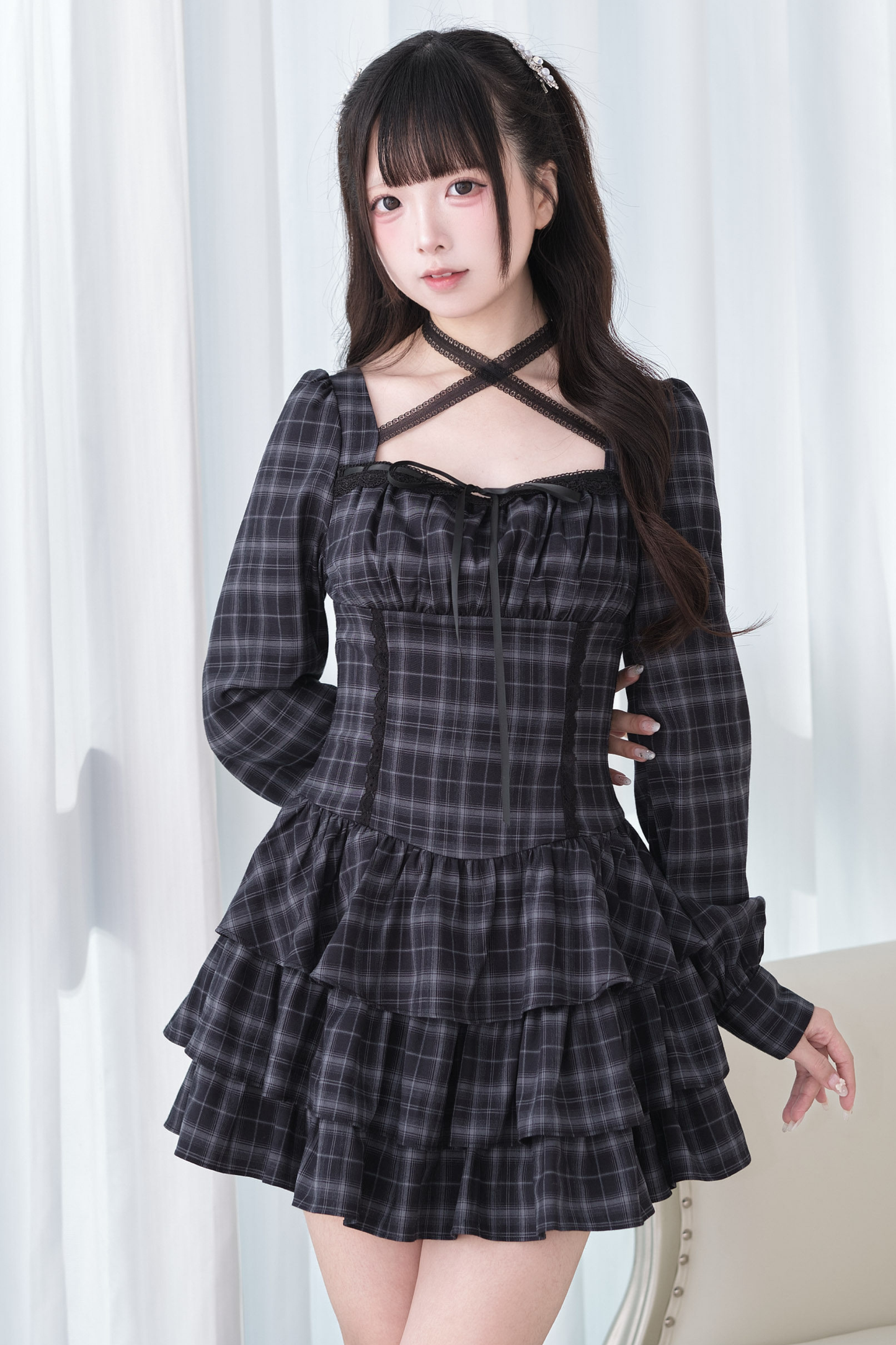 Striped Plaid Cross Neck Ruffle Dress