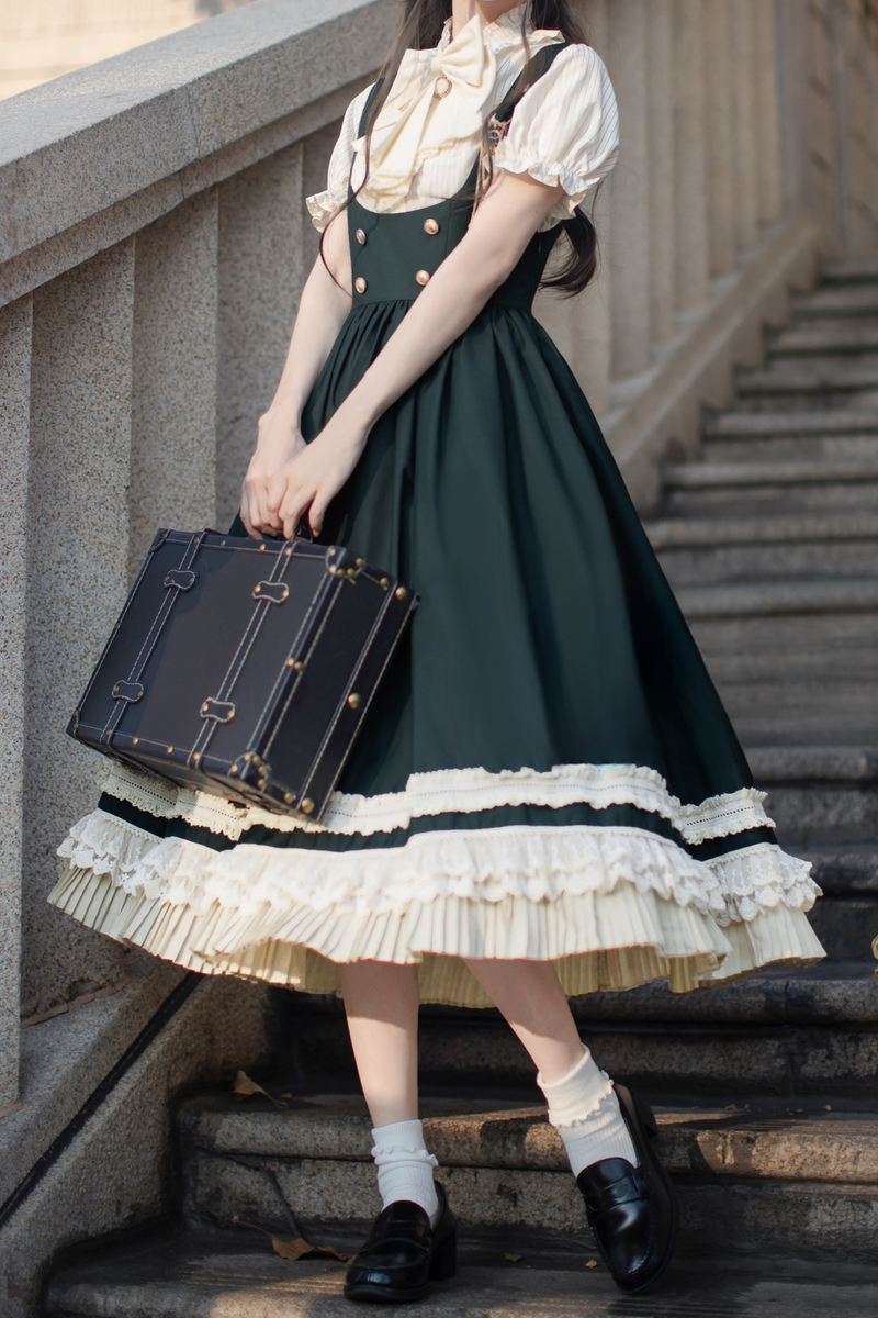 Western-style College Vest Skirt + Puff Sleeve Shirt + Big Ribbon + Brooch