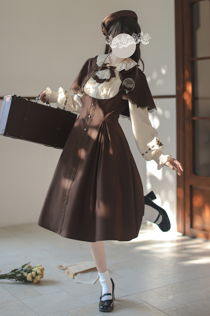 French Brown Lolita Dress + Cape + Beret + Badge