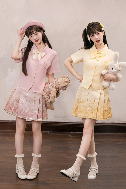 Sweet Chinese-style Preppy Shirt + Skirt + Bow Tie