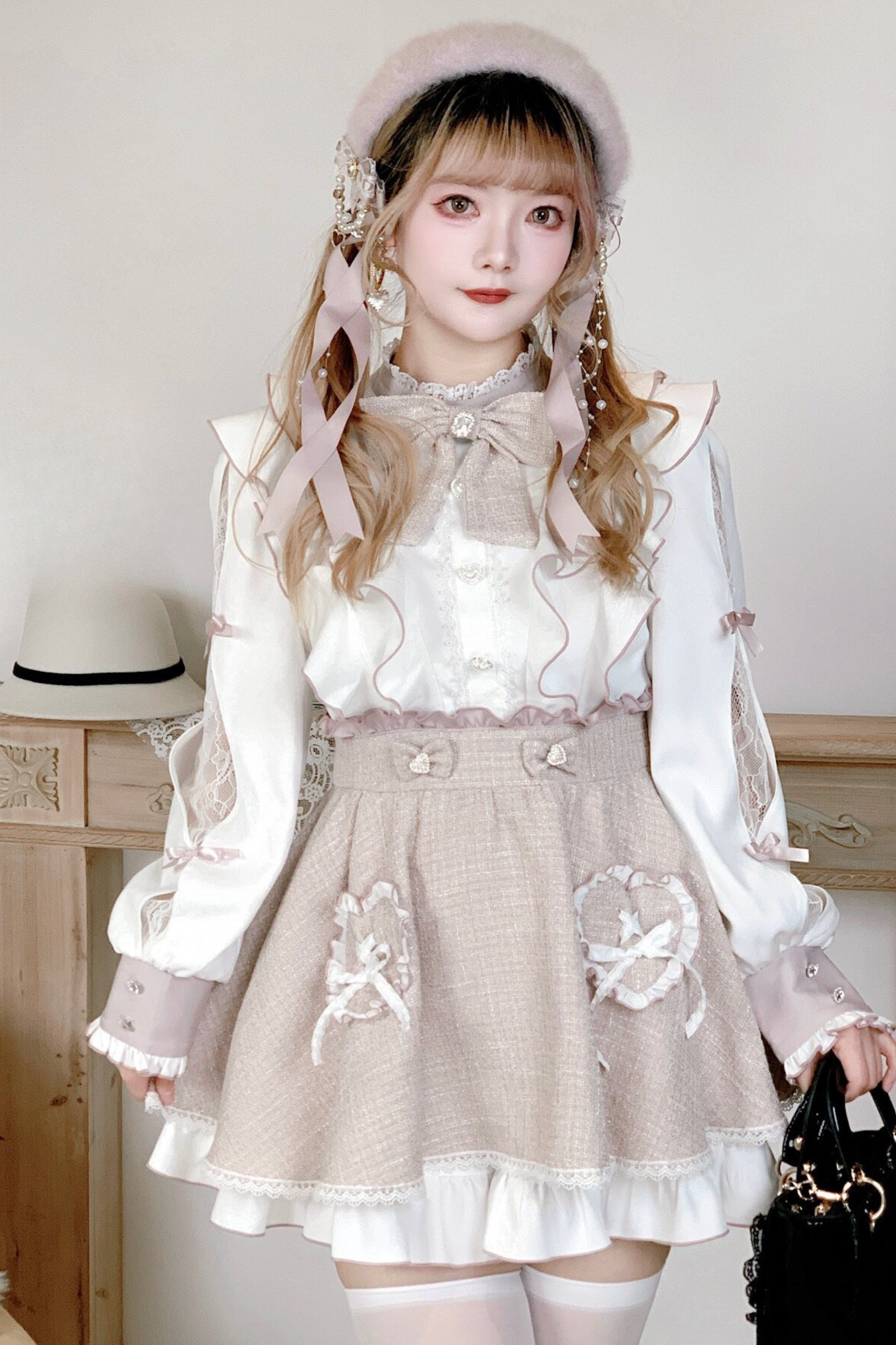 Lace Shoulder Ribbon Blouse + Skirt