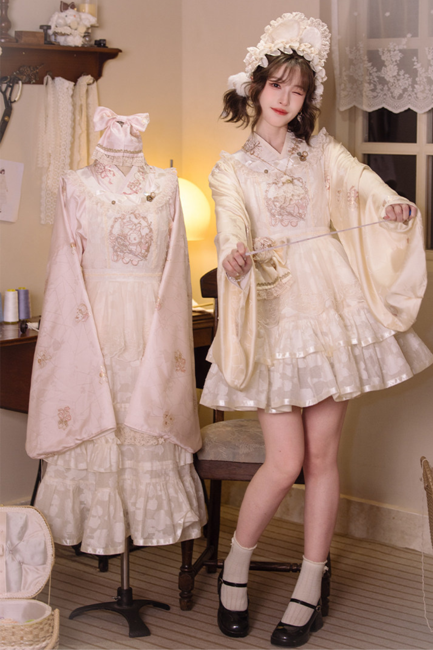 Chinese-style Pastel Top + Apron + Bow + Necklace + Brooch + Hair Accessories