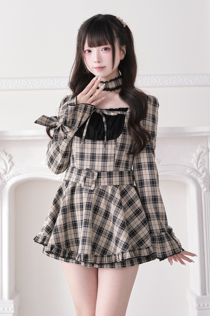 Plaid Ribbon Lace Dress