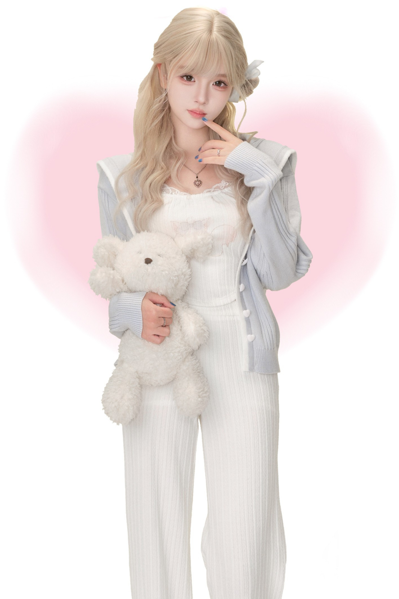 Milk Blue Sea Salt Light Blue Knit Cardigan + Printed Suspenders + Knit Pants