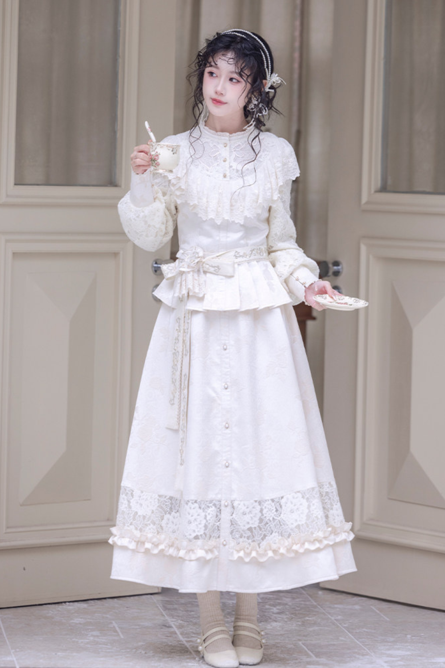Lace Patchwork Top + Long Skirt + Belt