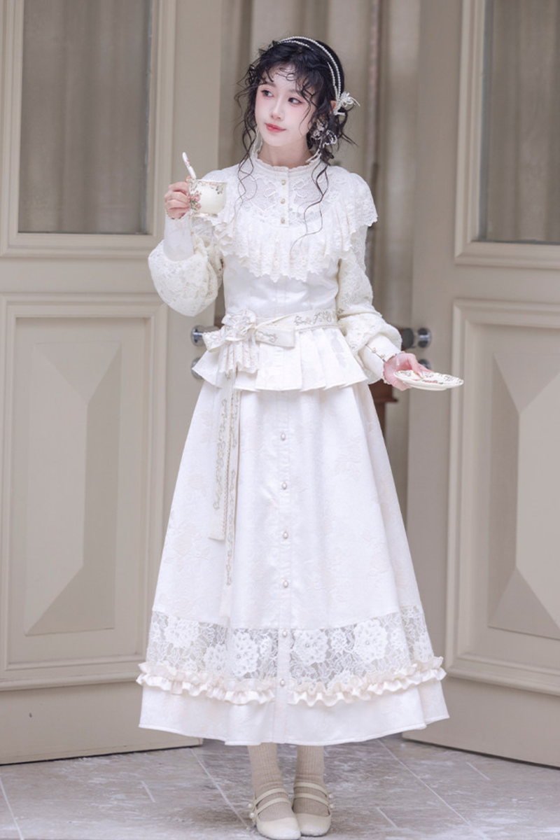 Lace Patchwork Top + Long Skirt + Belt