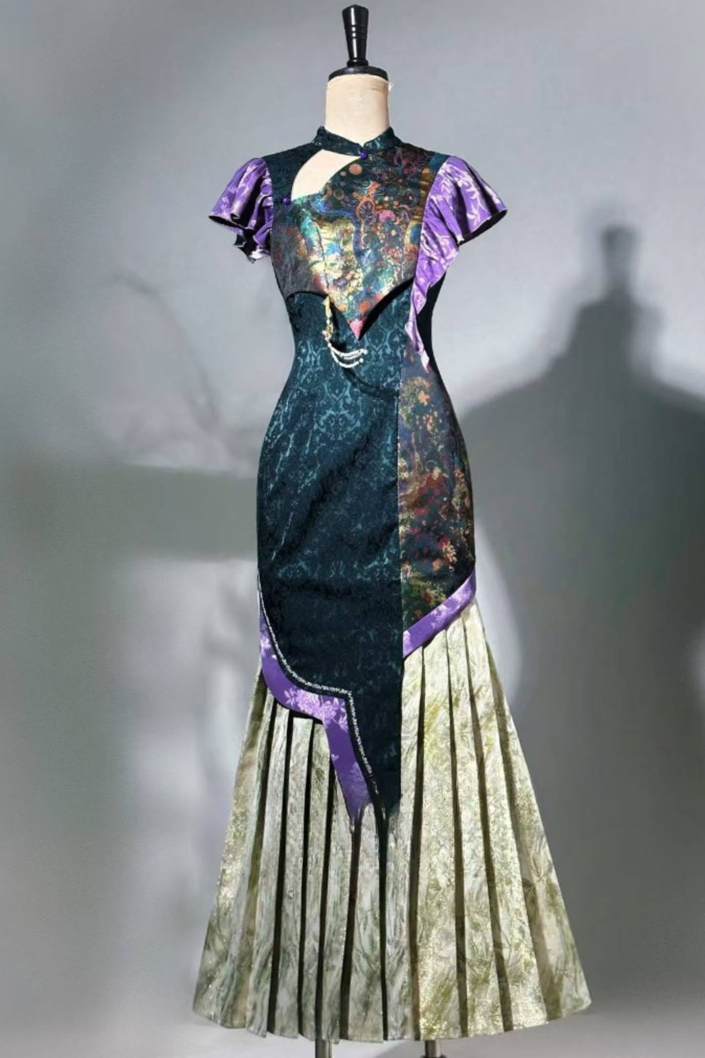 Colorful Weave Pleated Cheongsam Dress