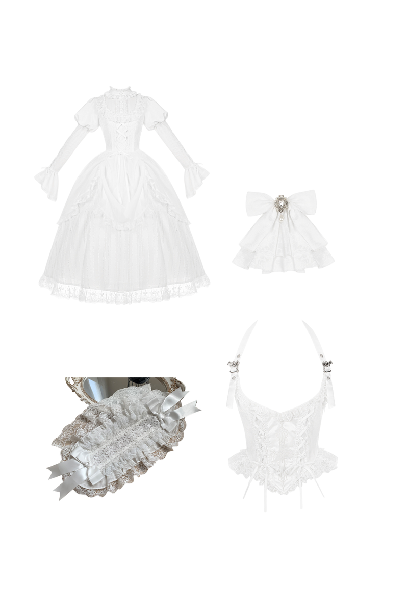White Gothic Gemini Lolita Dress + Corset + Ribbon + Headband + Veil