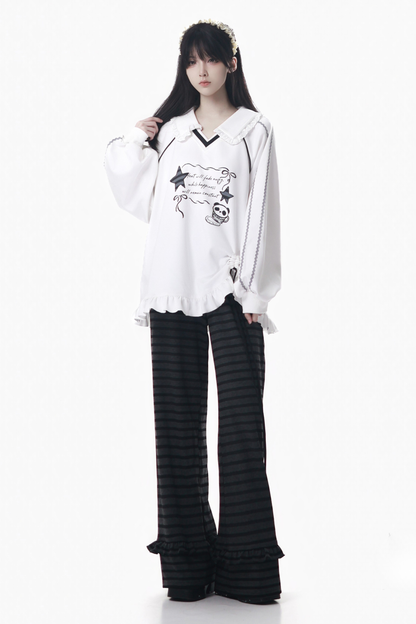 Lapel Lace Star Top + Ruffle Pants