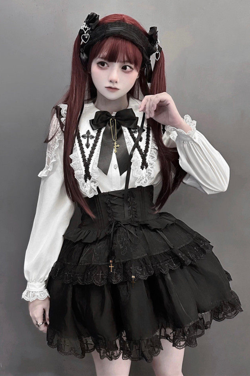 Holy Cross Flutter Sleeve Suspender Skirt + Shirt