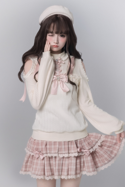 Sweet Off Shoulder Knit Top + Checkered Skirt + Bow Tie