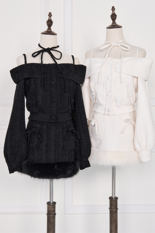 Off-the-shoulder Ribbon Top + Fur Skirt