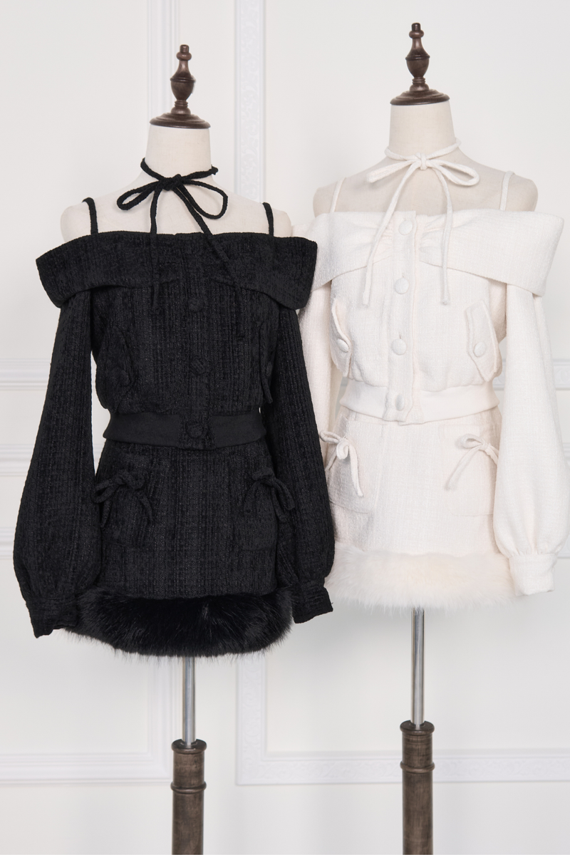 Off-the-shoulder Ribbon Top + Fur Skirt