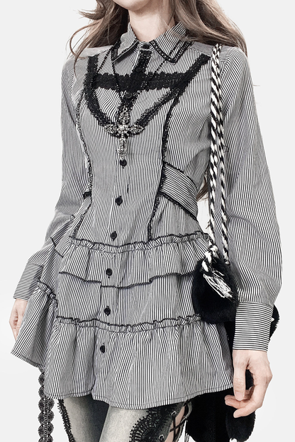 Striped Lace Midi Patchwork Shirt Dress