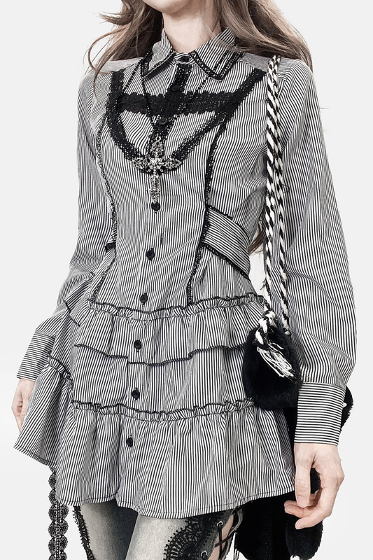 Striped Lace Midi Patchwork Shirt Dress