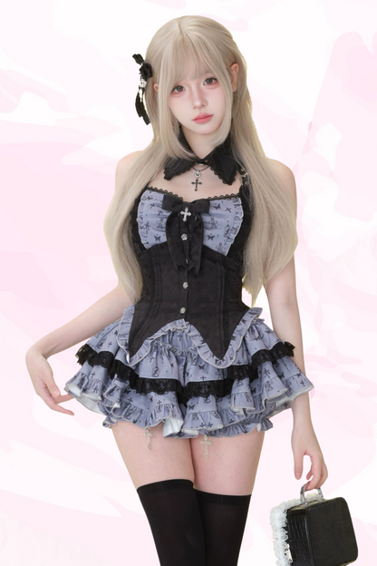 Dark Night Doll Black Print Patchwork Ribbon Top + Print Skirt