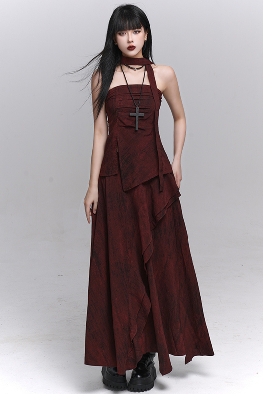 Dark Red Bandeau + Long Skirt