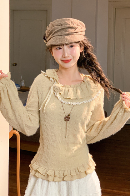 Lace Collar Long Sleeve Top