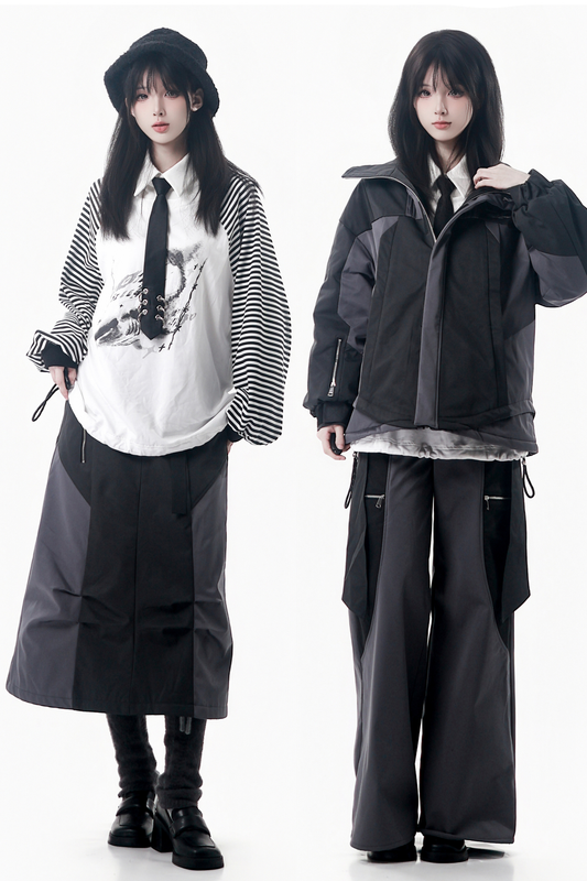 Dark Gray Color Blocking Jacket + Pants + Skirt + Top
