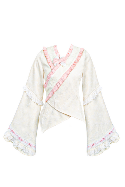 Cherry Blossom Japanese Style Top + Ribbon Girdle Apron + Pink Lace Tiered Skirt