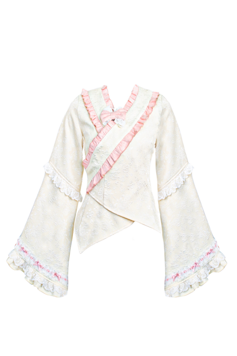 Cherry Blossom Japanese Style Top + Ribbon Girdle Apron + Pink Lace Tiered Skirt