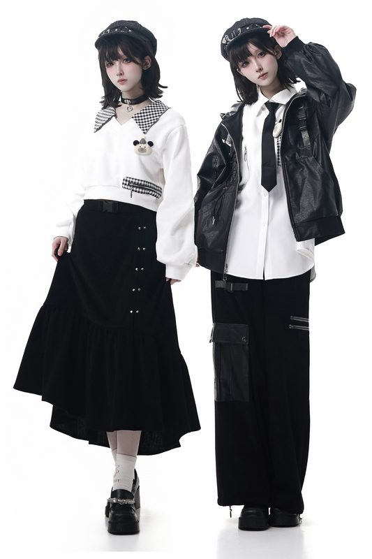 Leather Jacket + Shirt + Long Pants + Sweatshirt + Skirt
