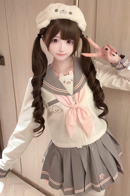 Sweet Girly Sailor Top + Skirt + Ribbon + Brooch