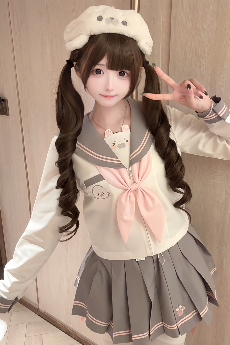 Sweet Girly Sailor Top + Skirt + Ribbon + Brooch
