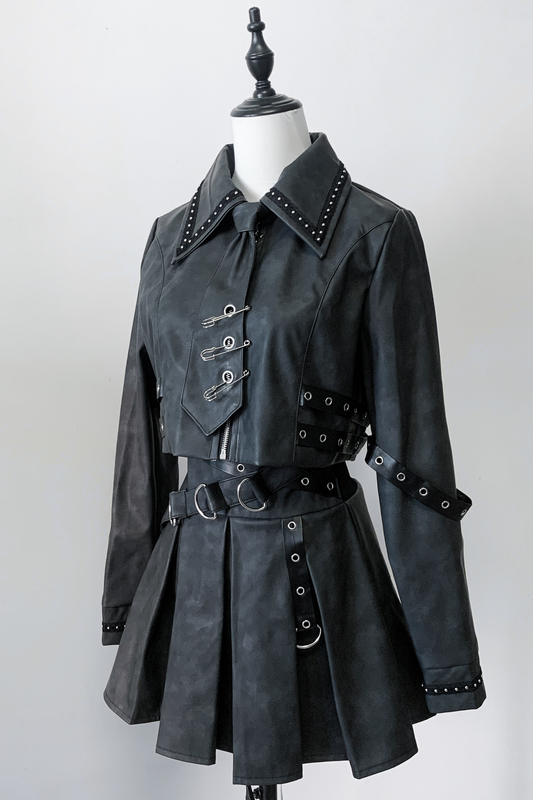 Gothic Matte Leather Dark Girl Top + Skirt
