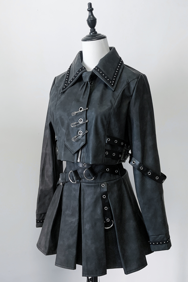 Gothic Matte Leather Dark Girl Top + Skirt