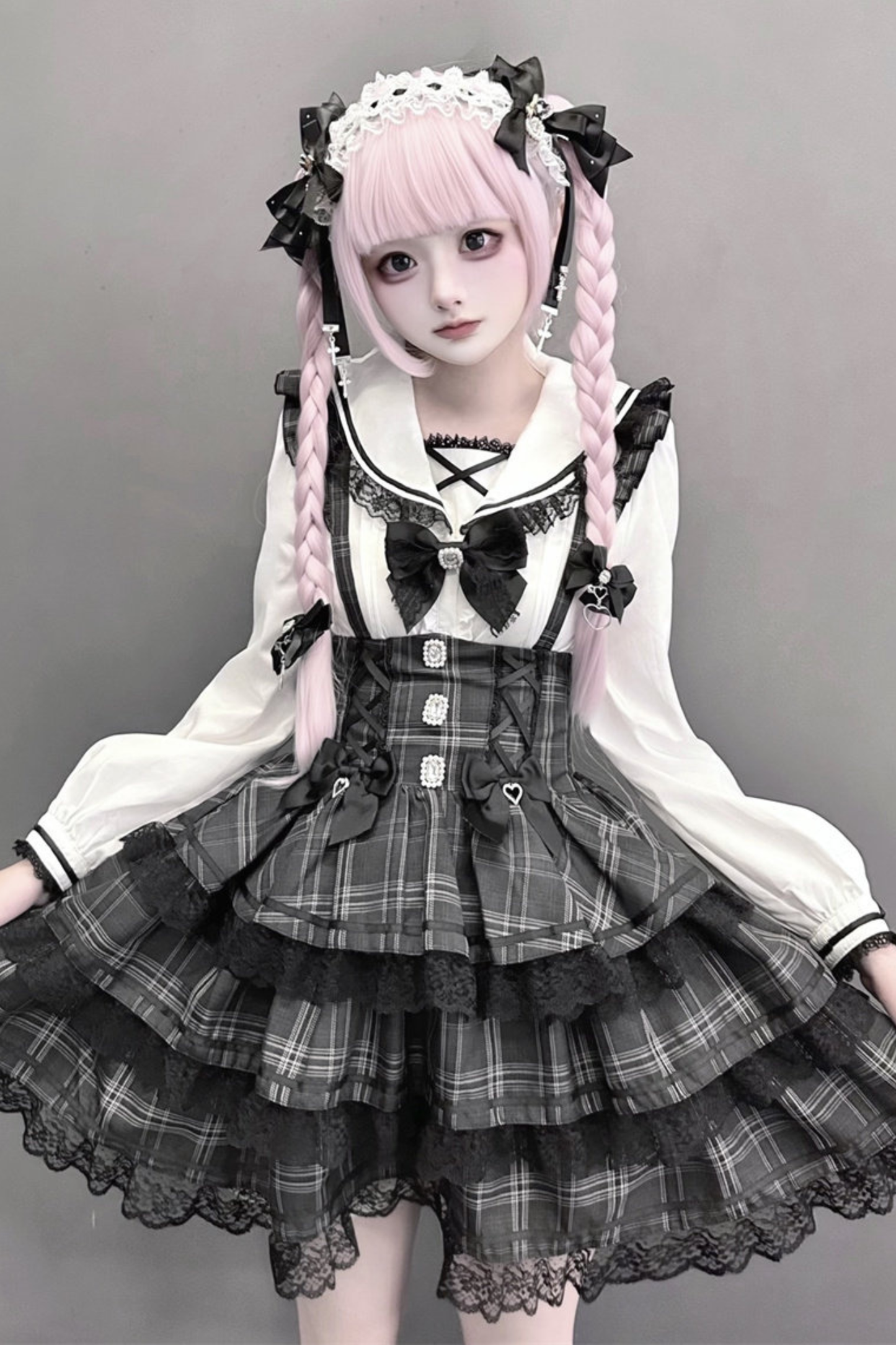 Plaid Flutter Sleeve Suspender Skirt + Top