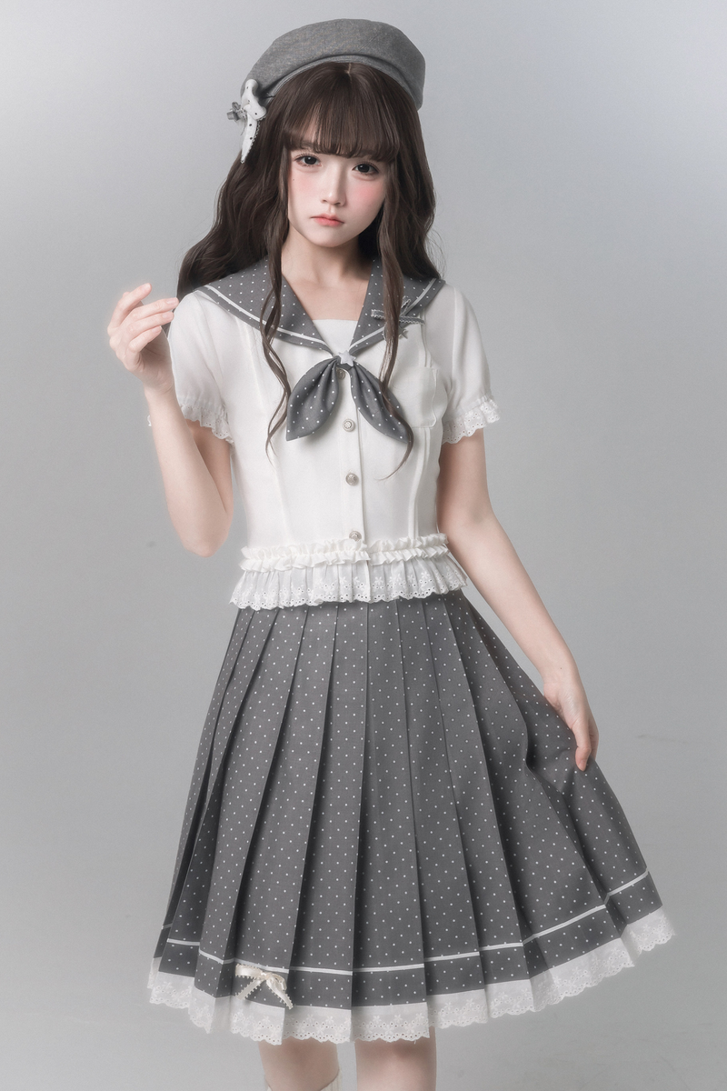 Sweet College Style Top + Polka Dot Pleated Skirt + Bow Tie