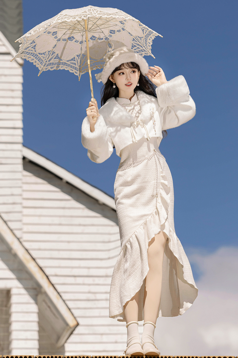 Retro Cheongsam Dress + Short Fur Coat