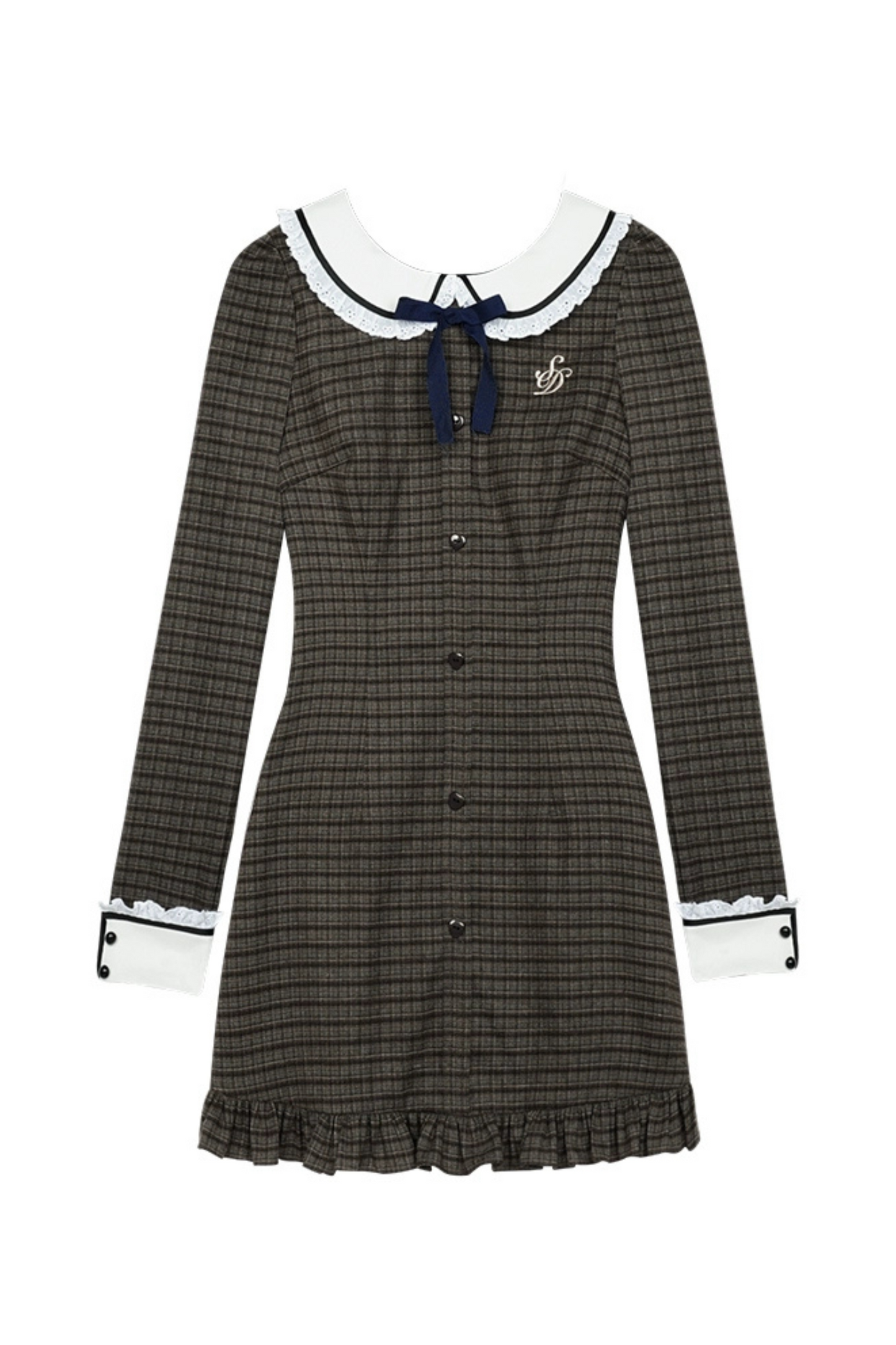 College Style Brown Plaid Doll Collar Dress + Bare Short Sweater