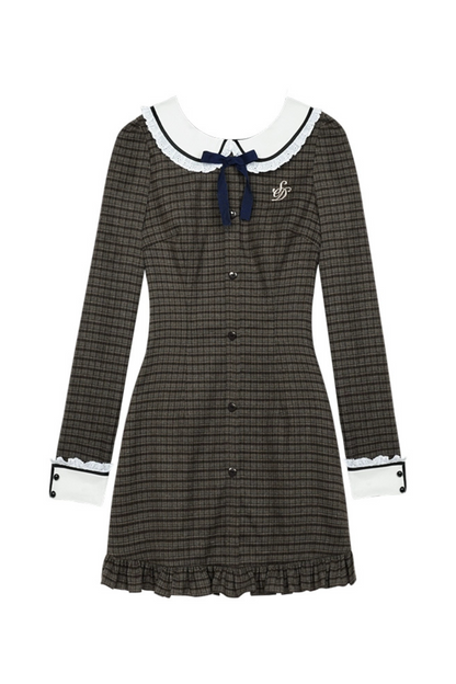 College Style Brown Plaid Doll Collar Dress + Bare Short Sweater