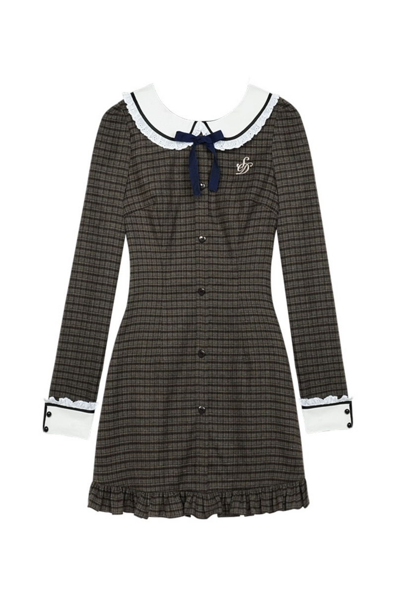 College Style Brown Plaid Doll Collar Dress + Bare Short Sweater