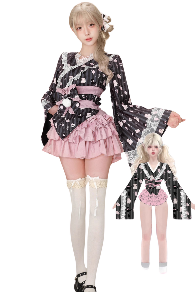 Japanese Style Top + Cape + Ribbon Girdle + Tiered Skirt