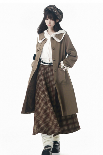 Maple Trench Coat + Hooded Top + Checkered Skirt + Shirt Dress