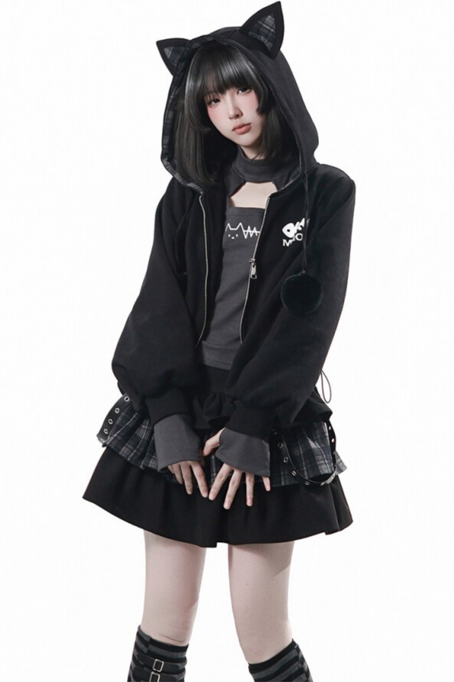 Cat Ear Jacket + Tiered Skirt + Top + Striped Leg Warmers