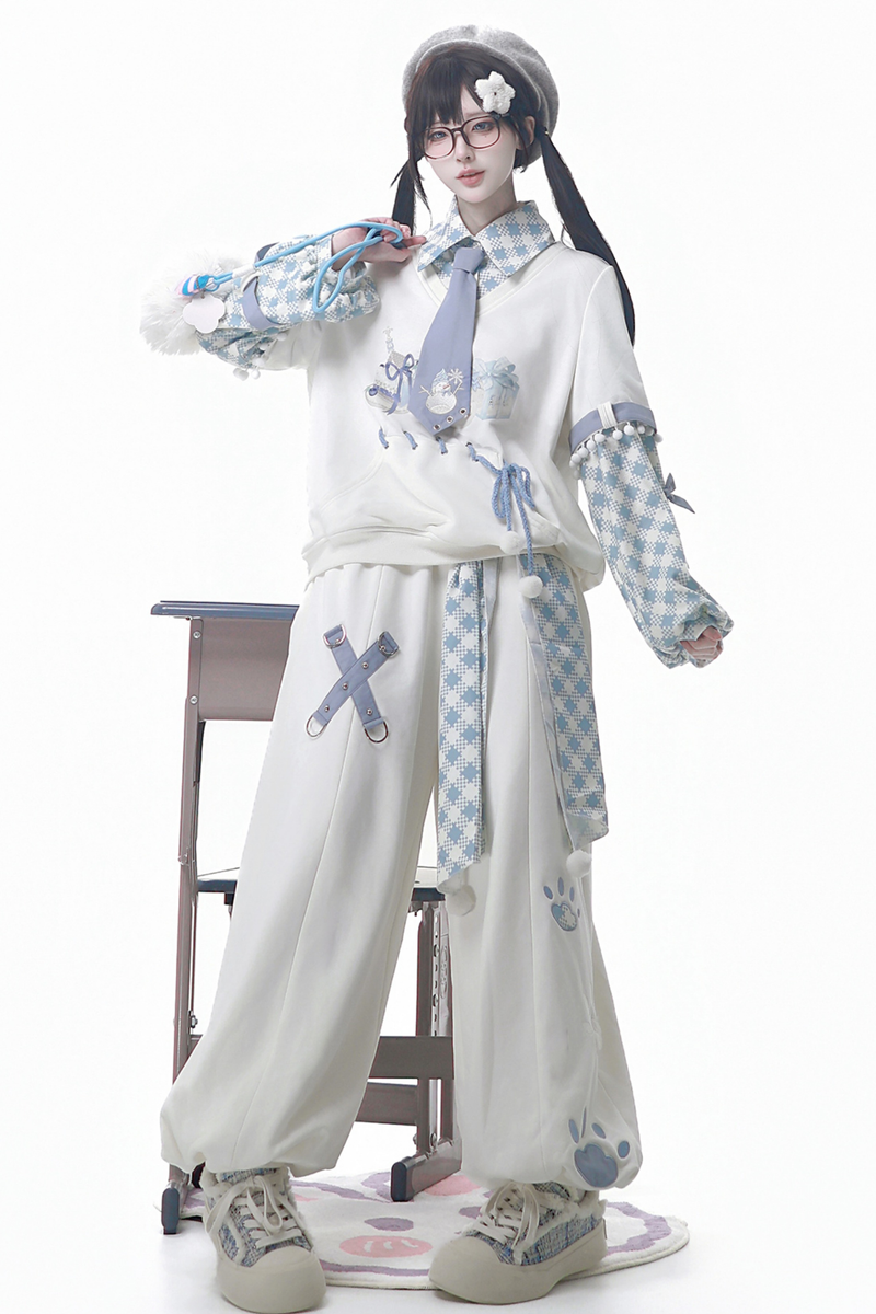 Digital Plaid Top + Wide Pants + Belt + Tie