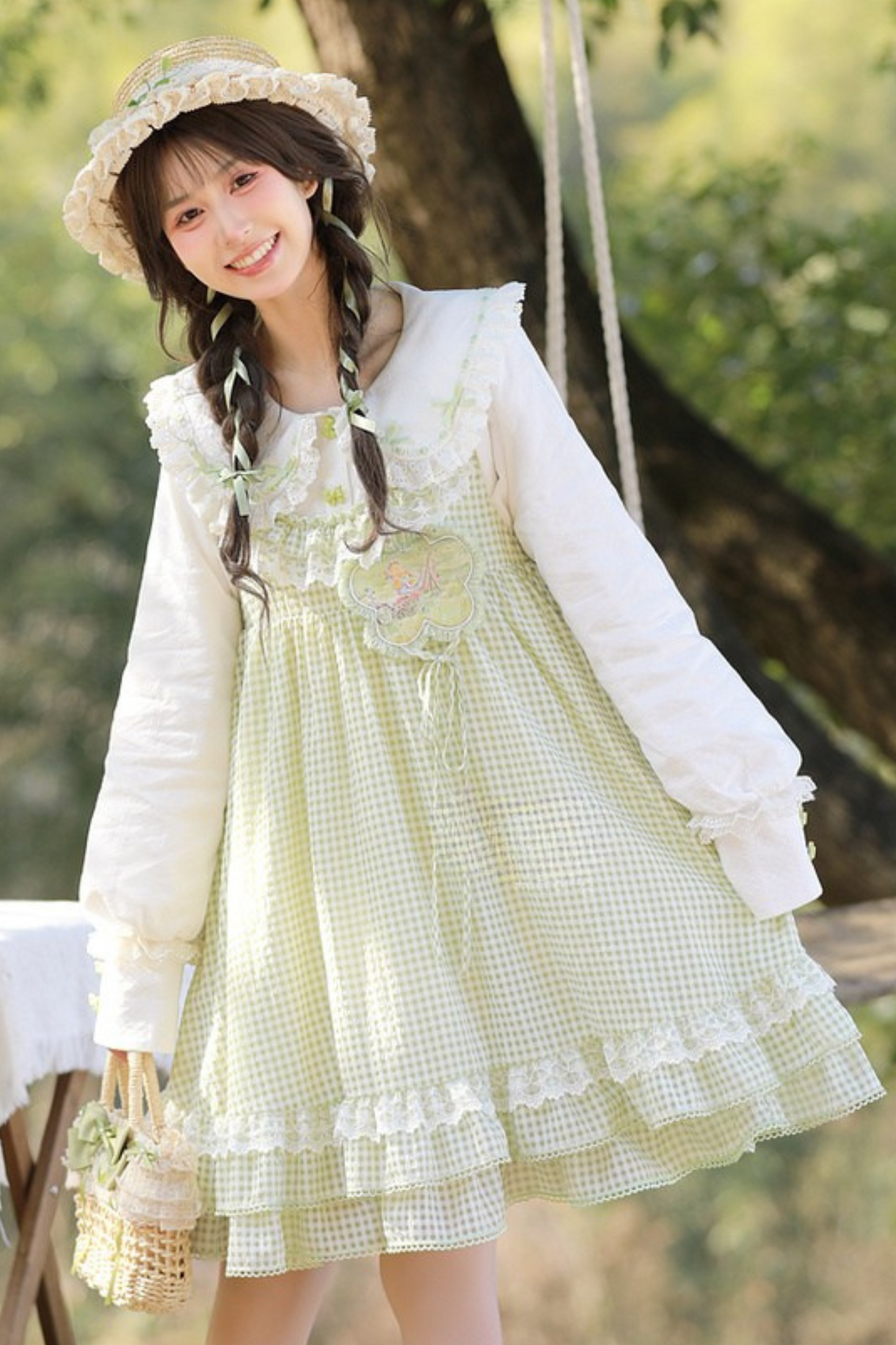 Lace Retro Doll Shirt + Gingham Plaid Sleeveless Dress