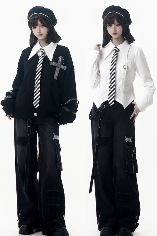 Cross Trim Cardigan + Shirt + Tie + Pants