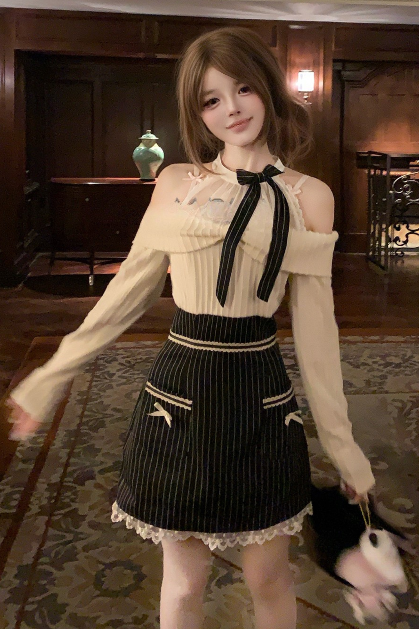 Ribbon Off Shoulder Striped Dress